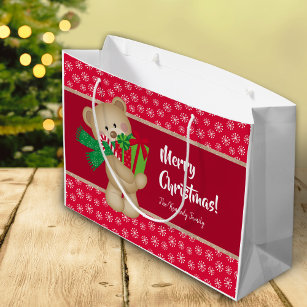 Christmas Teddy Bear with Gift and Snowflakes, Red Large Gift Bag