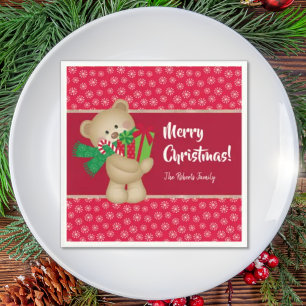Christmas Teddy Bear with Gift and Snowflakes, Red Napkin
