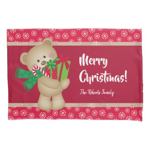 Christmas Teddy Bear with Gift and Snowflakes, Red Pillowcase