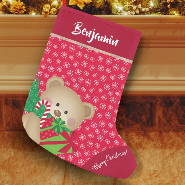 Christmas Teddy Bear with Gift and Snowflakes, Red Small Christmas Stocking (Creator Uploaded)