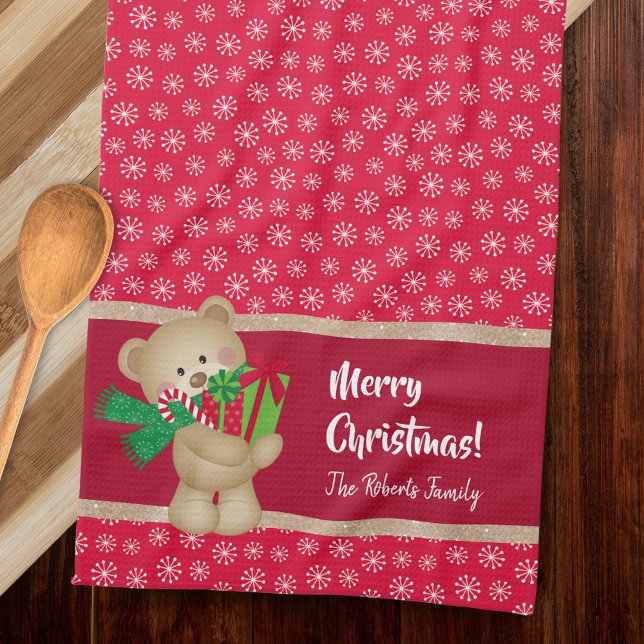 Christmas Teddy Bear with Gift and Snowflakes, Red Tea Towel (Creator Uploaded)