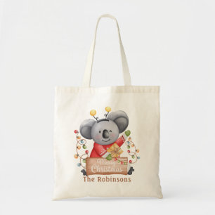 Christmas Teddy Bear with Gift and Snowflakes Tote Bag
