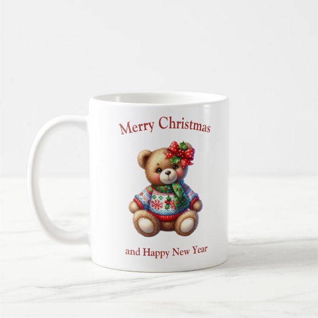 Christmas teddy bear with mistletoe bow coffee mug (Left)