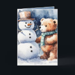 Christmas Teddy Bear With Snowman<br><div class="desc">Cute watercolor brown teddy bear with snowman and snowflakes
Text is editable.</div>
