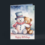 Christmas Teddy Bear With Snowman<br><div class="desc">Cute watercolor brown teddy bear with snowman.
Text is editable.</div>