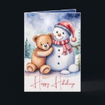 Christmas Teddy Bear With Snowman<br><div class="desc">Cute watercolor brown teddy bear with snowman and snowflakes.
Text is editable.</div>
