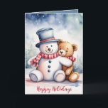 Christmas Teddy Bear With Snowman Holiday Card<br><div class="desc">Cute watercolor brown teddy bear with snowman.
Text is editable.</div>