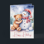 Christmas Teddy Bear With Snowman Holiday Card<br><div class="desc">Cute watercolor brown teddy bear with snowman and snowflakes.
Text is editable.</div>