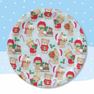 Christmas Teddy Bears in Red and Green  Paper Plate