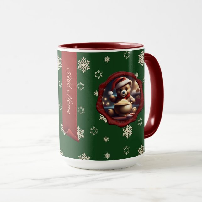 Christmas Teddy Porridge Personalised Banner Green Mug (Front Right)