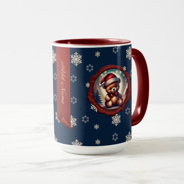 Christmas Teddy Startree Personalised Banner Blue Mug (Front Right)