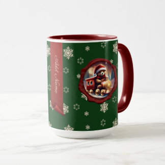 Christmas Teddy Train Personalised Banner Green Mug