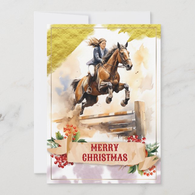 Christmas Teen Girl Riding Horse Over Jump Holiday Card (Front)