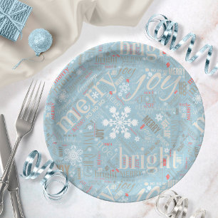 Christmas Text and Snowflake Pattern Blue ID257 Paper Plate