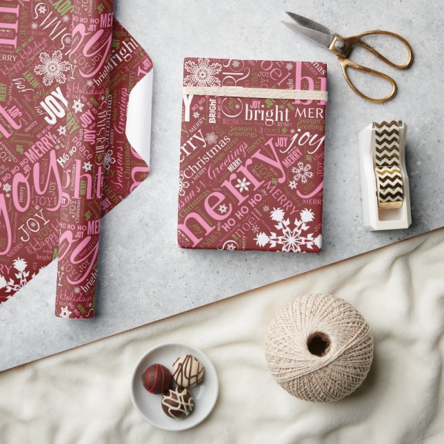 Christmas Text and Snowflake Pattern Red ID257 Wrapping Paper (Crafts)