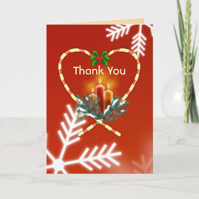 Christmas Thank you - candy cane, candles, holly Holiday Card (Front)