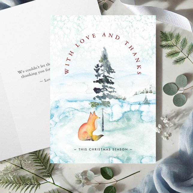 Christmas Thank You Cards Watercolor Fox (Christmas thank you cards watercolor fox and pine tree in arch design Victoria Grigaliunas )