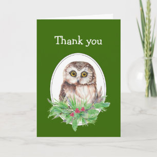 Christmas Thank you Cute Owl Bird Holly