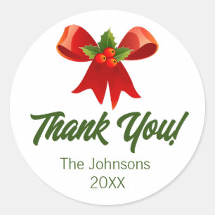 Christmas Thank You Stickers Red Ribbon Holly Bow