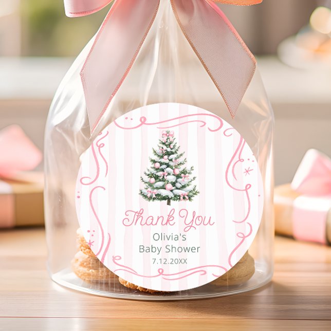 Christmas Thee Pink Winter Baby Shower Thank You Classic Round Sticker (Creator Uploaded)