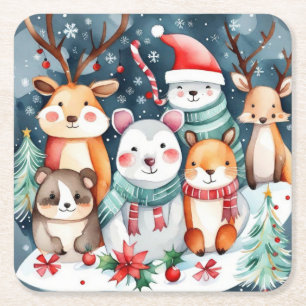 Christmas theme Christmas cute animals  Square Paper Coaster
