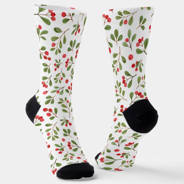 Christmas Theme Holly, Mistletoe, and Berries Socks (Angled)