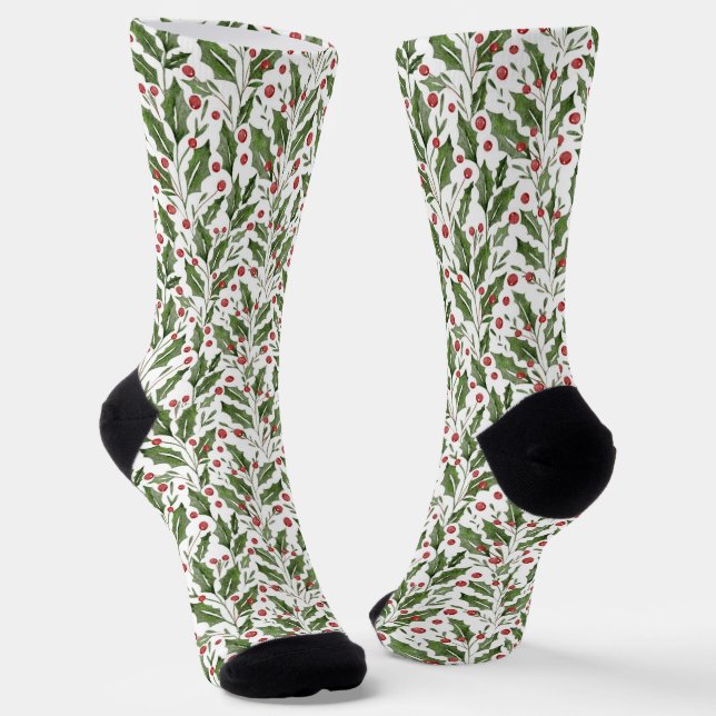 Christmas Theme Holly, Mistletoe, Berries Pattern Socks (Angled)