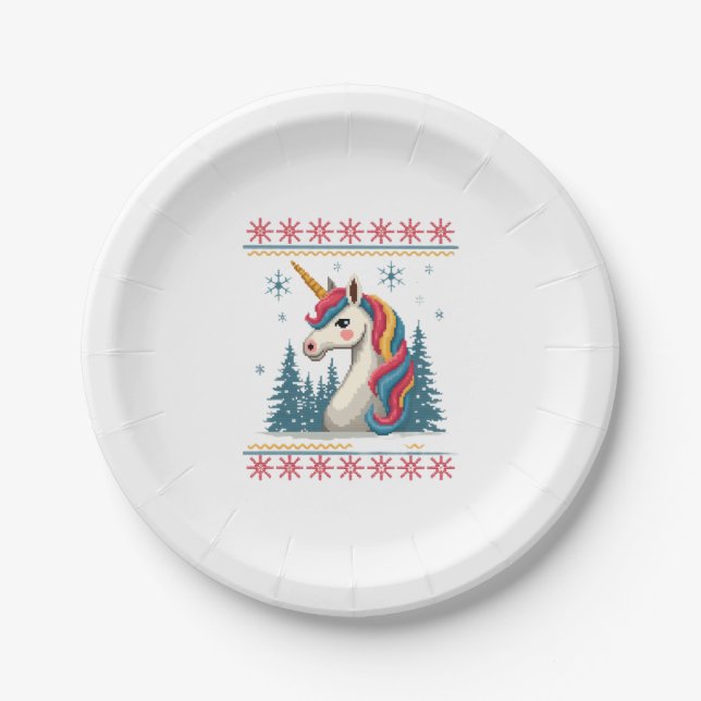 Christmas Theme Knitted Unicorn Unicorns T-Shirt ( Paper Plate (Front)
