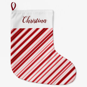 Christmas Theme Pattern Red & White, Diagonal, Br Large Christmas Stocking