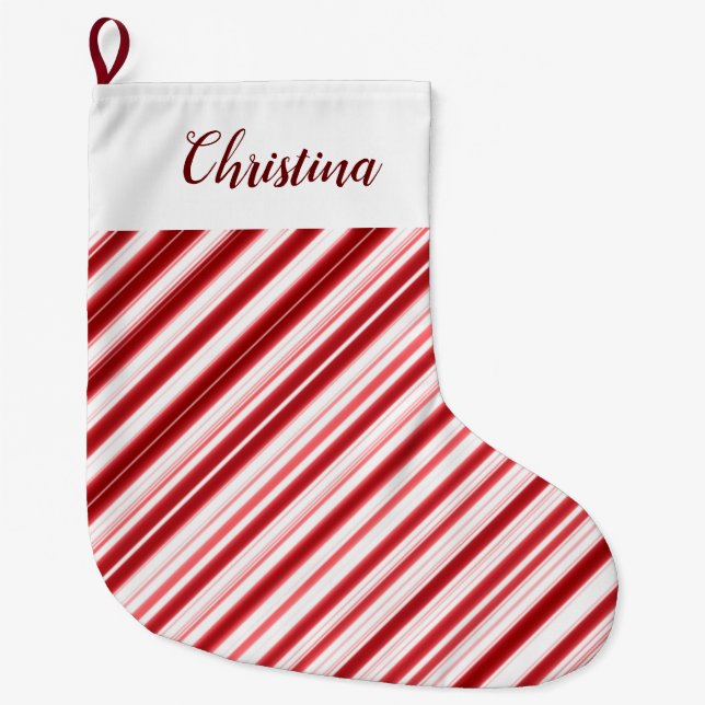 Christmas  Theme Pattern Red & White, Diagonal, Br Large Christmas Stocking (Front)