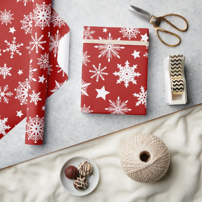 Christmas Theme Red White Snowflakes Pattern Wrapping Paper (Crafts)
