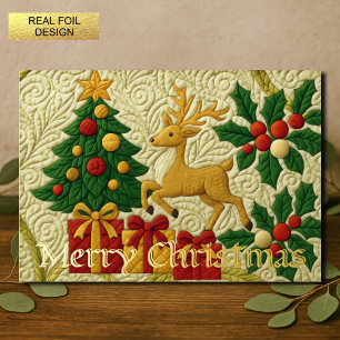 Christmas Theme Tree Reindeer Gifts Quilted Look Foil Holiday Card