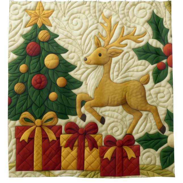 Christmas Theme Tree Reindeer Gifts Quilted Look Shower Curtain (Front)