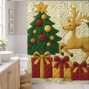 Christmas Theme Tree Reindeer Gifts Quilted Look Shower Curtain