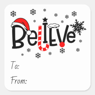 Christmas Themed Believe Text With Snowflakes Square Sticker