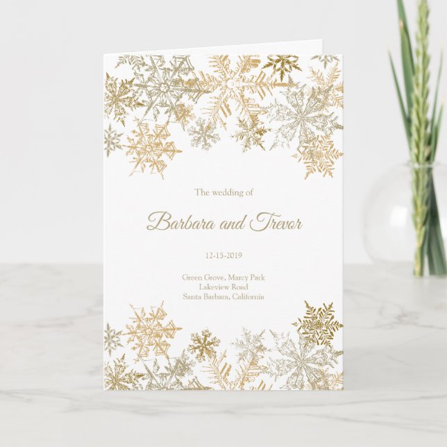 Christmas Themed Gold Snowflakes Winter Wedding Programme (Front)