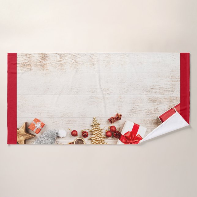 Christmas Themed Items on a Rustic Wooden Board Bath Towel Set (Bath Towel)