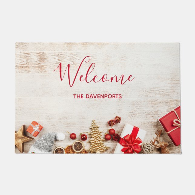 Christmas Themed Items on a Rustic Wooden Board Doormat (Front)