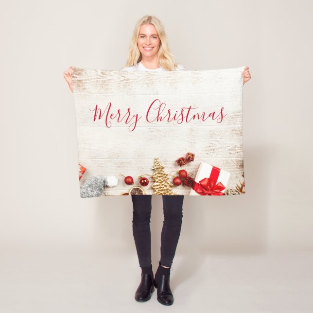 Christmas Themed Items on a Rustic Wooden Board Fleece Blanket (In Situ)