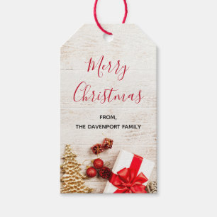 Christmas Themed Items on a Rustic Wooden Board Gift Tags
