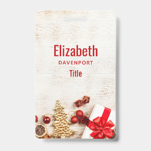 Christmas Themed Items on a Rustic Wooden Board ID Badge