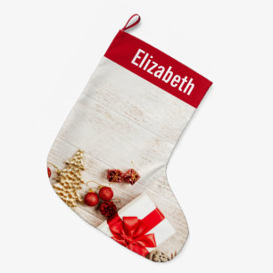 Christmas Themed Items on a Rustic Wooden Board Large Christmas Stocking
