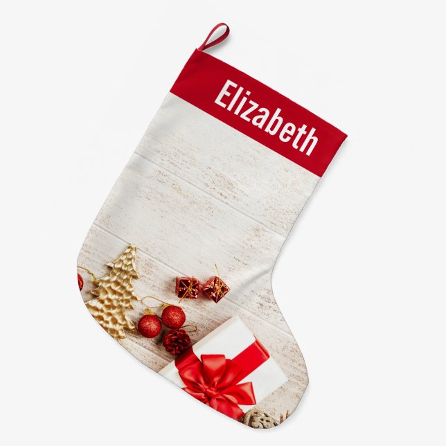 Christmas Themed Items on a Rustic Wooden Board Large Christmas Stocking (Front (Hanging))