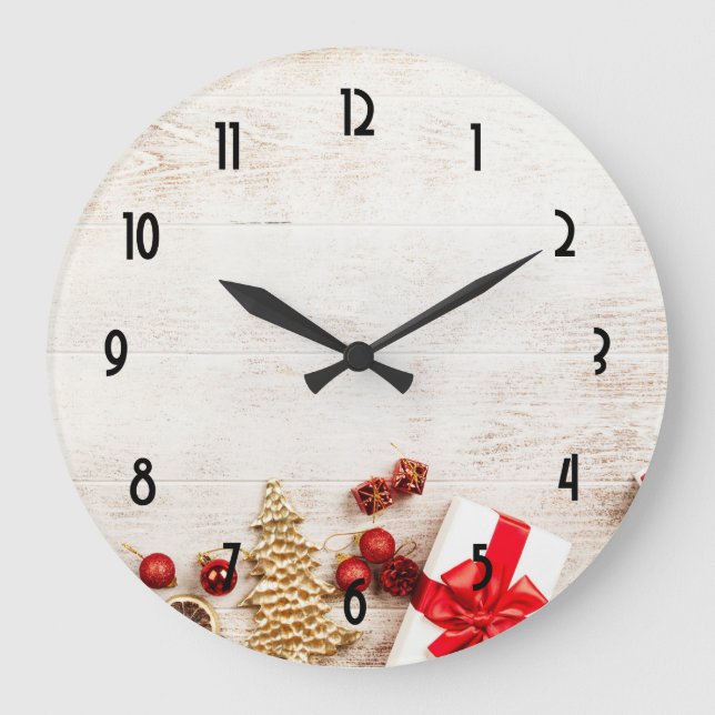 Christmas Themed Items on a Rustic Wooden Board Large Clock (Front)