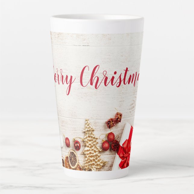 Christmas Themed Items on a Rustic Wooden Board Latte Mug (Front)