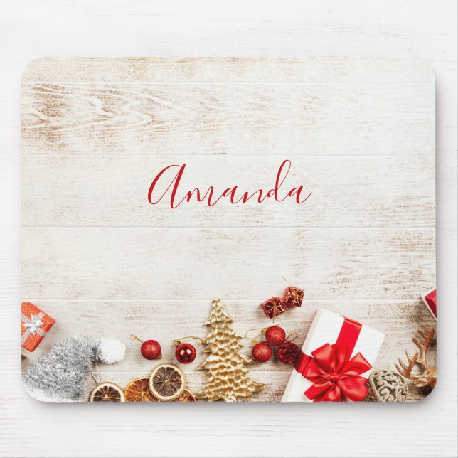 Christmas Themed Items on a Rustic Wooden Board Mouse Pad (Front)