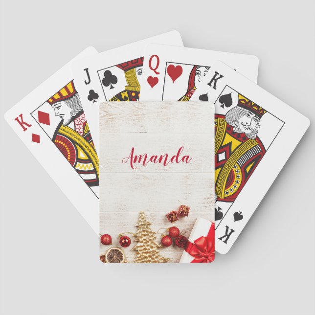 Christmas Themed Items on a Rustic Wooden Board Playing Cards (Back)