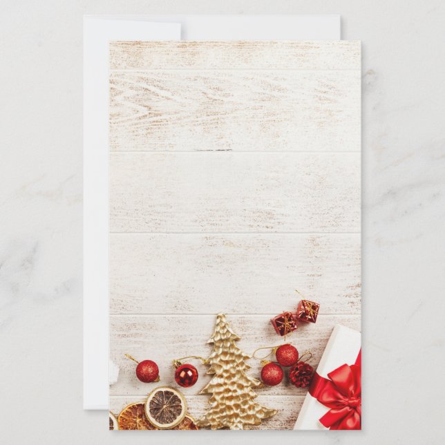 Christmas Themed Items on a Rustic Wooden Board Stationery (Front)
