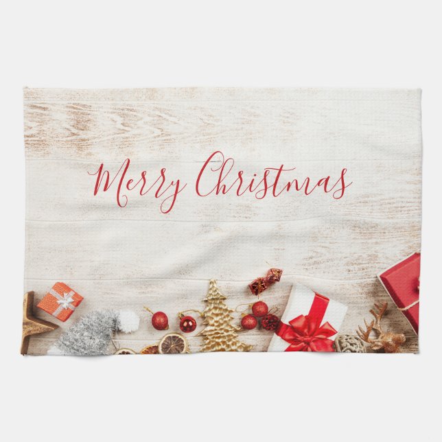 Christmas Themed Items on a Rustic Wooden Board Tea Towel (Horizontal)