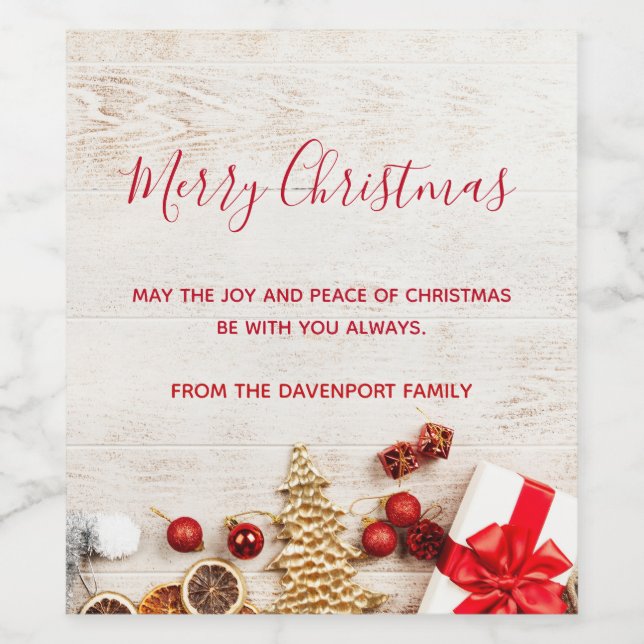 Christmas Themed Items on a Rustic Wooden Board Wine Label (Single Label)